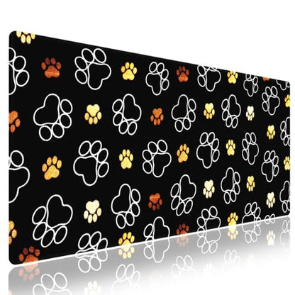 Gold White Pet Paw Large Mouse Pad, Cute Dog Cat Footprint Black Desk Mat | 31.5" x 11.8", Seamless Pattern for Pets Lover, XXL Gaming/Office Stitched Keyboard Mat, Smooth Surface Anti-Slip Base - color: Design WKLXD043