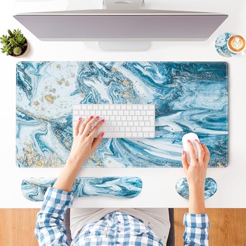 QIYI PU Leather Desk Mat Set, 4-in-1 Ergonomic Wrist Rest, Blue Marble | Waterproof Large Mouse Pad 31.5×15.7 + Keyboard Wrist Rest + Mouse Wrist Support+Coaster, Non-Slip Office Gaming Accessories - color: Blue Marble