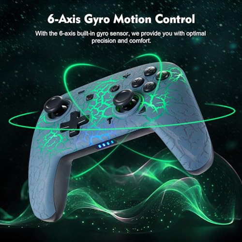 Switch Controller with Hall Joystick, Wireless Switch Pro Controller for Switch/Switch Lite/Switch OLED, 8 Colors Adjustable LED Wireless Remote Gamepad with Unique Crack/Turbo/Motion Control(Grey)