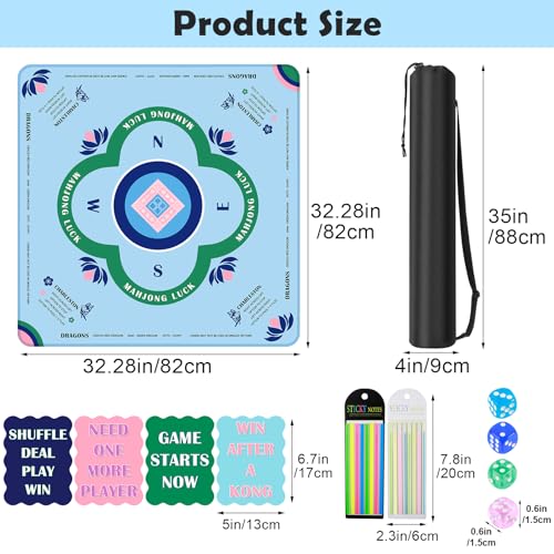 Mahjong Mat Set, Anti-Slip Noise Reduction Gaming Mat for American Mahjong, 32.28x32.28 Inch Waterproof Game Table Cover Kit with Carrying Bag, Mahjong Tile Shuffler Cards & Dice & Card Line Finder