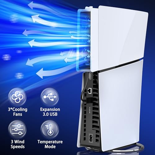FASTSNAIL Cooling Fan wih LED Light for PS5 Slim Disc/Digital Console | Efficient Cooling with 3 Fan, Auto Power On/Off, Adjustable Speed, USB3.0 Port & LED Light, Silent Cooler System for PS5 Slim - color: White/Black