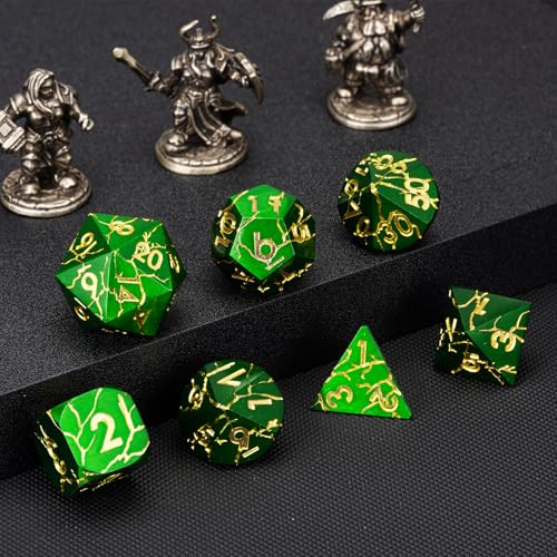 DND Dice Set Metal,Polyhedral D&D Metallic Heterotypic D and D Dice with Cracks for Dungeons and Dragons RPG TTRPG 7-Die Set with Gift Case (Crack, Green and Gold) - color: Green and Gold