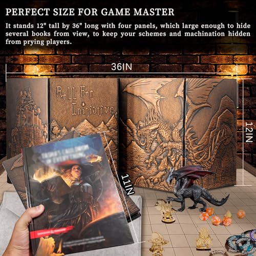 CZYY Faux Leather Dungeon Master Screen, 4-Panel DM Screen with Pockets | 3D Embossed Cover, 4 Erasable A4 Sheet Pockets, Reference Inserts & Felt Case Included, For RPG Sessions & Game Nights