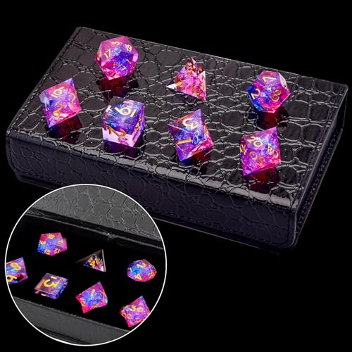AUSTOR 7-Die DND Dice Set Sharp Edge Resin Dice Handmade Polyhedral Dice for Dungeons and Dragons RPG MTG Table Games（Peach & Blue - color: Peach & Blue