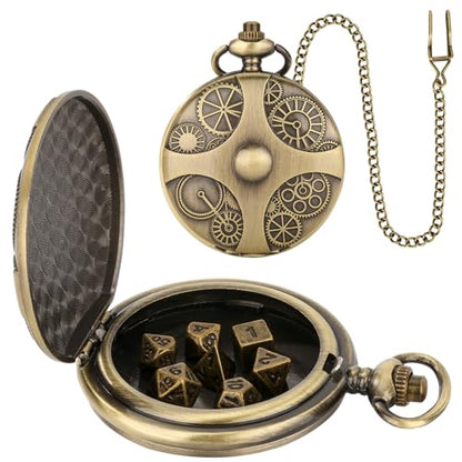 Mini DND Dice Set with Bronze Steampunk Gear Pocket Watch Shell Case, 7pcs Polyhedral Metal DND Dice Set, D&D Gifts with Gift Box, Role Playing Board Games DND Accessories - color: Gear