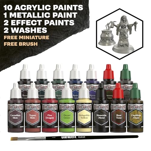 The Army Painter GameMaster: Wilderness Adventures Role-playing Paint Set, 15x18 ml Warpaints Fanatic Acrylic, 1 GameMaster Drybrush, 1 FREE Hard-plastic snap-fit Hag Miniature | 15 x 18ml Warpaints Fanatic Acrylic Paints, 1 GameMaster Dry Brush, 1 Free M