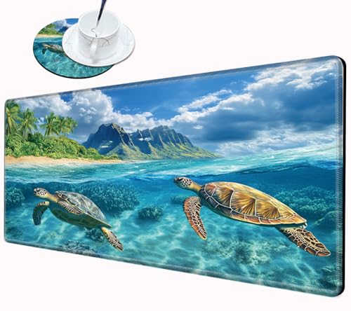 Gaming Mouse Pad Large Mousepad Sea Turtle Desk Mat XXL Big Desk Pad 31.5x15.75 Rubber Base Computer Pad with Stitched Edges Mouse Mat for Work Game Home Office - color: Sea Turtle, size: 31.5''x15.75''