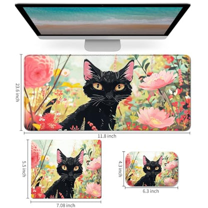 Mouse Pad Desk Mat Ergonomic Wrist Support Pad Set,Mouse Wrist Rest Keyboard Pad with Stitched Edges and Non Slip Base-Black Cat Pink Flowers Cartoon - color: Black Cat Pink Flowers Cartoon