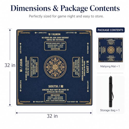 Blue Pattern Mahjong Mat,Non Slip American Mah Jongg Table Mat | 32in soft neoprene mah jongg mat reduces tile noise protects tabletops & packs easily for game nights or a thoughtful gift - color: 013