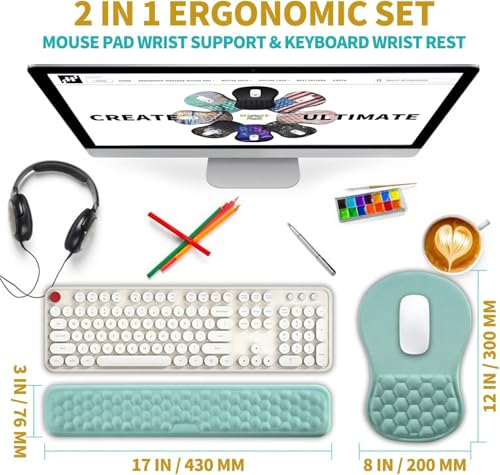 Hokafenle 2 in 1 Ergonomic Mouse Pad Wrist Support & Wrist Rest for Computer Keyboard Set, with Relieve Carpal Tunnel Pain Massage Bulge and Full Memory Gel Design (2In1 Set, Light Blue) - color: Hk004-light Blue