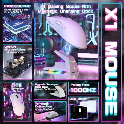 ATTACK SHARK X1 Ultralight Tri Mode Wireless 40000 DPI Gaming Mouse-White | Magnetic RGB Charging Dock,PixArt PAW3395 Pro Sensor,BT/2.4Ghz/Wired,1K Polling,Optical Micro Switch,Driver for PC Mac Gamer - color: White