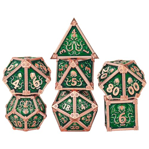 Metal Dice Set, Octopus Pattern, 7pcs Polyhedral Metal DND Dice Set, DND Starter Set, D&D Gifts with Gift Box, Role Playing Board Games Accessories, Red Copper Border Green | DND Polyhedral Dice Set, D&D Gifts, Board Game Accessories, D4, D6, D8, 2 D10 (0