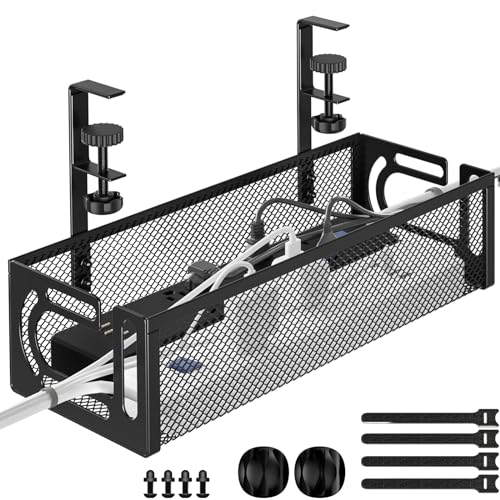 Under Desk Cable Management Tray, 15.7'' No Drill Steel Desk Cable Organizers, Wire Management Tray Cable Management Rack (1 Pack-Black) - color: 1 Pack-15.7"-Black