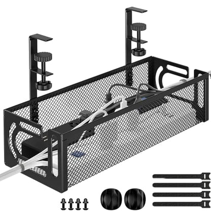 Under Desk Cable Management Tray, 15.7'' No Drill Steel Desk Cable Organizers, Wire Management Tray Cable Management Rack (1 Pack-Black) - color: 1 Pack-15.7"-Black