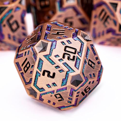 Metal DND Sci-fi Dice Set 7PCS Stripe Polyhedral Dice for Dungeons Dragons RPG Role Playing Game, Glitter D and D Dice with Gift Box D6 D8 D10 D12 D20 (Ancient Bronze&Green Purple) - color: Ancient Copper - Green Purple