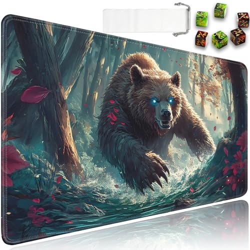 for MTG Game Playmat - 24 x 14 inches with Dices and Storage Bags, Non-Slip Base for TCG and Board Game Card Mats, Trading Card Games Mat, Forest Fierce Bear Pattern Collectible Card Playmats - color: Jv-playmat-p7-1-d104