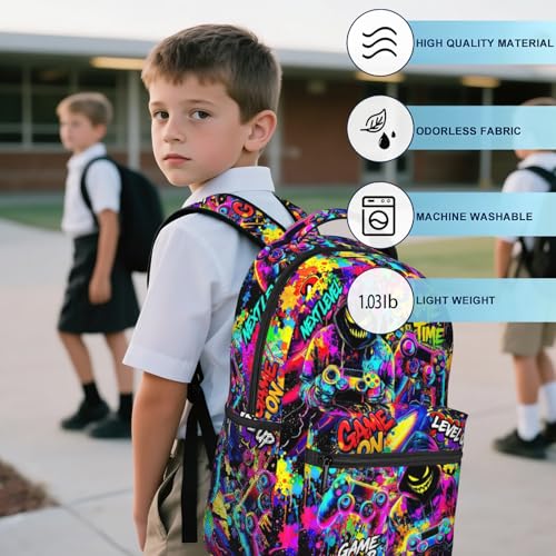 Kids Game Backpack for Boys Video Game Backpack for Kids Children Teens Elementary Middle School Students Bookbag Ages 6-18 Lightweight Adjustable Back Pack - color: Graffiti Game