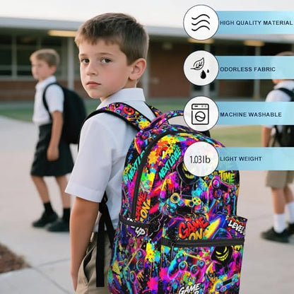 Kids Game Backpack for Boys Video Game Backpack for Kids Children Teens Elementary Middle School Students Bookbag Ages 6-18 Lightweight Adjustable Back Pack - color: Graffiti Game