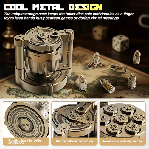 Metal Dice Set, 7 Piece Polyhedral Bullet Dice with Spinning Revolver Cylinder Case, Fidget Toy for Stress Relief, Cyberpunk Style Tabletop RPG Dice, Golden - color: Golden