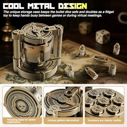 Metal Dice Set, 7 Piece Polyhedral Bullet Dice with Spinning Revolver Cylinder Case, Fidget Toy for Stress Relief, Cyberpunk Style Tabletop RPG Dice, Golden - color: Golden