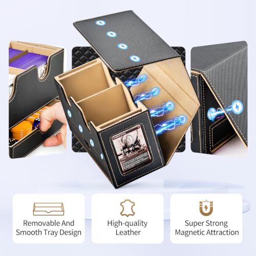 UAONO MTG Deck Box with 2 Commander Display and Dice Tray-Patented Design, Double Deck Box for 280+ Single Sleeved Cards, Leather Magnetic Card Storage Box Fits for TCG CCG Magic Cards (Black&Khaki) | 2 Magnetic Card Holders & 1 Dice Tray, Fits 200 Double