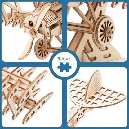 DIY Airplane Wooden 3D Puzzles Model Kit | 105 Pieces, For Adult, Jigsaw - style: Airplane