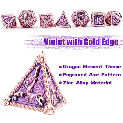 AUSTOR 7-Die Metal DND Dice Set Dungeons and Dragons Polyhedral Roll Playing Dice with Box D20 D12 D10 D% D8 D6 D4 for Pathfinder MTG RPG Board Games - color: Violet With Gold Edge