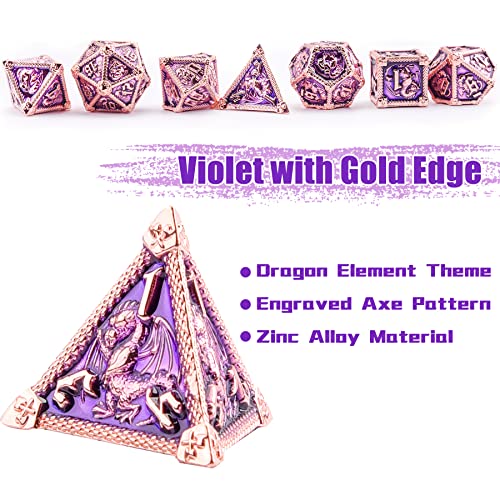 AUSTOR 7-Die Metal DND Dice Set Dungeons and Dragons Polyhedral Roll Playing Dice with Box D20 D12 D10 D% D8 D6 D4 for Pathfinder MTG RPG Board Games - color: Violet With Gold Edge