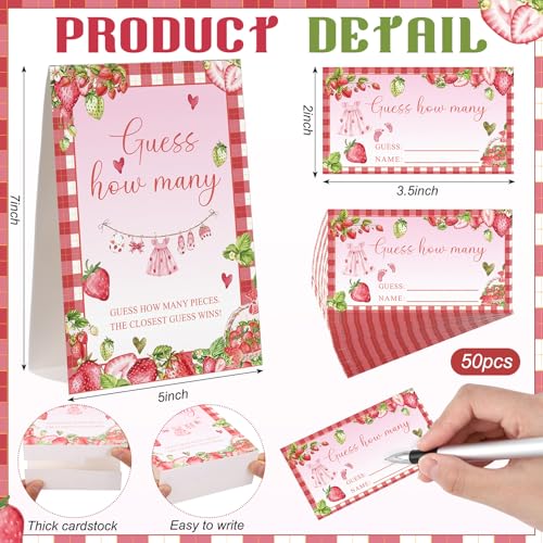 Strawberry Sweet Guess How Many Baby Shower Game Pack of 1 Tabletop Sign with Stand and 50 How Many Cards, Berry Sweet Gender Reveal Party Game Decorations - style: Strawberry