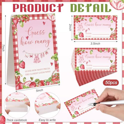 Strawberry Sweet Guess How Many Baby Shower Game Pack of 1 Tabletop Sign with Stand and 50 How Many Cards, Berry Sweet Gender Reveal Party Game Decorations - style: Strawberry