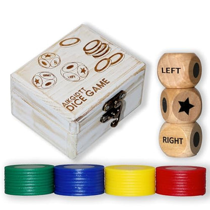 Left Right Roll Dice Game Set - 3 Wood Dice & 36 Plastic Chips in Wooden Box, Fun Family Party Dice Games for Adults, Teens & Friends, White - color: White