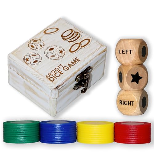 Left Right Roll Dice Game Set, 3 Wood Dice & 36 Plastic Chips | Travel Wooden Box, Fun Family Party Dice Games, For Adults, Teens & Friends, White - color: White