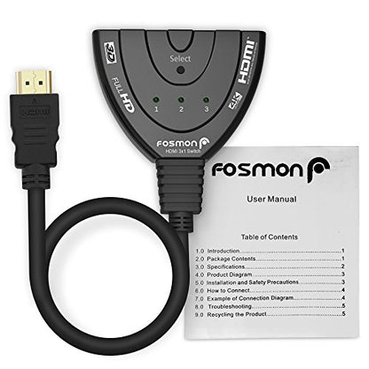 Fosmon 4K HDMI Switch, 3 Port HDMI Switcher with Pigtail Cable, Supports 30Hz, HDCP, Ultra HD for HDTV, PS5, Xbox, Fire Stick - size: 4k@30Hz