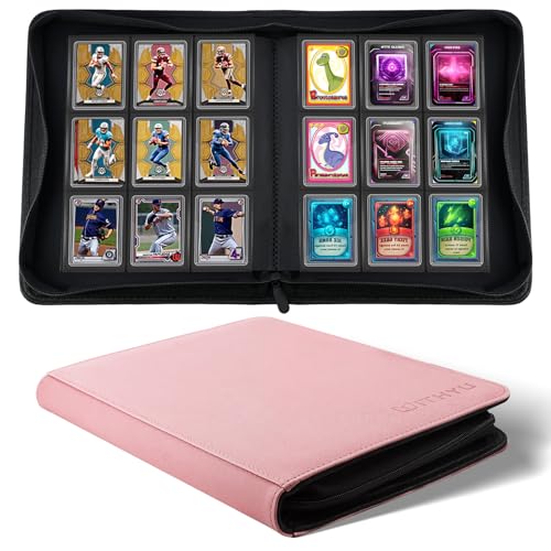 WITHYU Toploader Binder 9 Pocket, Holds 288 Cards for 3" x 4" Rigid Cards, PU Leather Zipper Ringless Trading Card Album for TCG, MTG & Sports Card Storage, Suitable for Collectors and Gifting, Pink - color: Pink, size: 9 Pocket