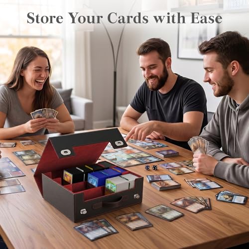 Lifewit Trading Card Storage Box with Handle, Holds Up to 1800 Sleeved Cards with 12 Adujstable Dividers & 4 Stoppers, Aluminum Closure PU Leather Case for MTG, PTCG, YGO, Sports Cards, Black& Red - color: Black&Red
