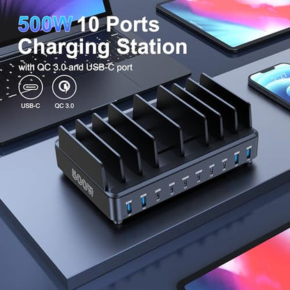 chipofy 500W Charging Station for Multiple Devices with Stand | 10-Port Multi USB C Fast Charger, with Organizer Stand, for MacBook Laptop, iPad, iPhone 17 16 Pro Max, Galaxy S25/S24