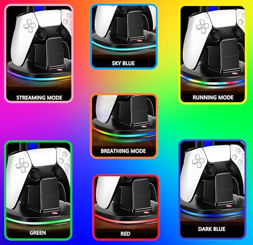 Controller Charger with 7 RGB Lighting Modes – Docking Charging Station with Fast Dual Ports & Headphone Stand (Compatible with PS5).