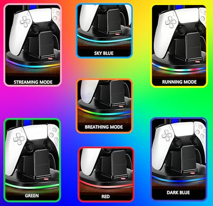 Controller Charger with 7 RGB Lighting Modes – Docking Charging Station with Fast Dual Ports & Headphone Stand (Compatible with PS5).