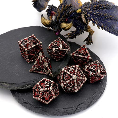 DND Dice Set, 7-Piece Hollow Grim Reaper Metal Dice,Blood | Lightweight copper hollow dice with easy-to-read engraved numbers, gift box and velvet bag for DND players and collectors. - color: Grim Reaper Blood
