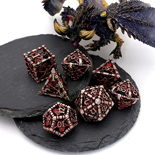 Hollow Grim Reaper Metal DND Dice Set,7-Piece Polyhedral RPG Dice, 3D Hollow Skeleton Design (Blood Red Numbers) - color: Grim Reaper Blood