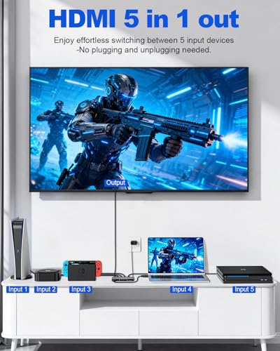 New Upgrade 8K HDMI Switch 5 in 1 Out, Hdmi Splitter with Remote 5 Port Switcher Selector Box Support 3D//HDR/HDCP2.3, HDMI 2.1 Switch Box Compatible with PS 5/4/3 Xbox Switch DVD Player TV PC
