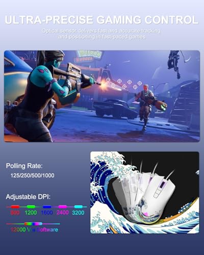 COSTOM Womier G705 USB Wired Gaming Mouse for PC Computer Windows Mac Laptop, Lightweight Silent RGB Backlit Mouse with Adjustable 12000DPI/7 Programmable Side Buttons,White Kanagawa Theme - color: white 2