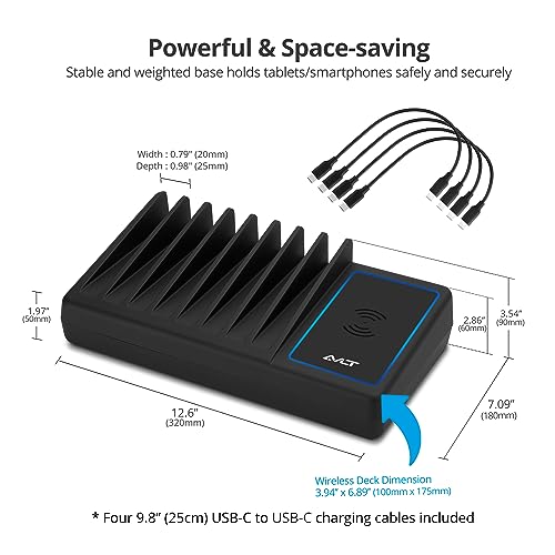 AVLT 150W 10 Port USB-A USB-C with Qi Wireless Charging Station - Black | Multiple Devices Compatible with iPhone iPad AirPods Smartphone Tablet Organizer Includes Charging Cables