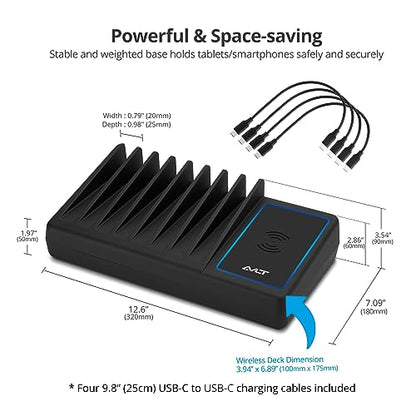 AVLT 150W 10 Port USB-A USB-C with Qi Wireless Charging Station - Black | Multiple Devices Compatible with iPhone iPad AirPods Smartphone Tablet Organizer Includes Charging Cables