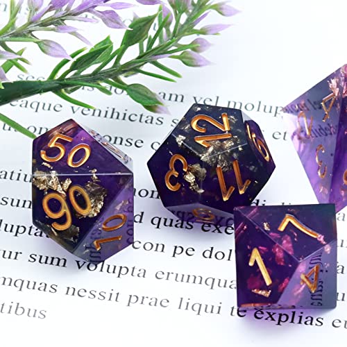 Haxtec Sharp Edge DND Dice Set, Gold Flakes Resin Polyhedral RPG Dice | Purple Galaxy Swirl D&D Dice, Compatible with Dungeons and Dragons, Handmade 7-Die with Metal Case, MTG Gifts, War Series - color: Purple Gold