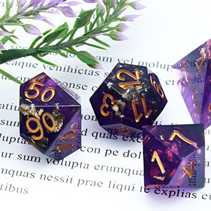 Haxtec Sharp Edge DND Dice Set, Gold Flakes Resin Polyhedral RPG Dice | Purple Galaxy Swirl D&D Dice, Compatible with Dungeons and Dragons, Handmade 7-Die with Metal Case, MTG Gifts, War Series - color: Purple Gold