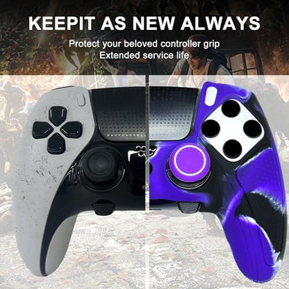 Purple Black Anti-Slip Controller Skin,Studded Edition Protective Silicone Cover Skin Grips Compatible with ps5 dualsense Edge and 6 PCS Thumb Grips Caps. - color: Purple Black