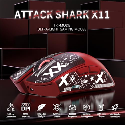 ATTACK SHARK X11 59g Lightweight Wireless Gaming Mouse,RGB Charging Dock,Tri-Mode-BT/2.4G Wireless/Wired Mouse with Grip Tape,22000 DPI,5 Programmable Buttons for Pc/Mac/Xbox(Red&Sticker) - color: Red & Griptape