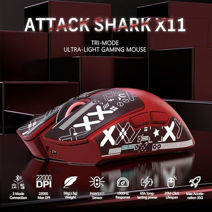 ATTACK SHARK X11 59g Lightweight Wireless Gaming Mouse,RGB Charging Dock,Tri-Mode-BT/2.4G Wireless/Wired Mouse with Grip Tape,22000 DPI,5 Programmable Buttons for Pc/Mac/Xbox(Red&Sticker) - color: Red & Griptape