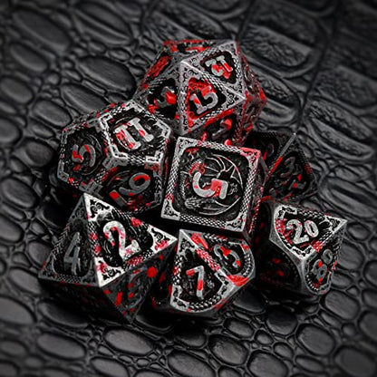 Haxtec Bloodstained Metal DND Dice Set Antique Iron Blood D&D Dice Set Dragon Scale with Leather Dice Bag Bloodsplattered Metal Polyhedral Dice Compatible with Dungeons and Dragons TTRPG Gifts - color: Antique Silver Red